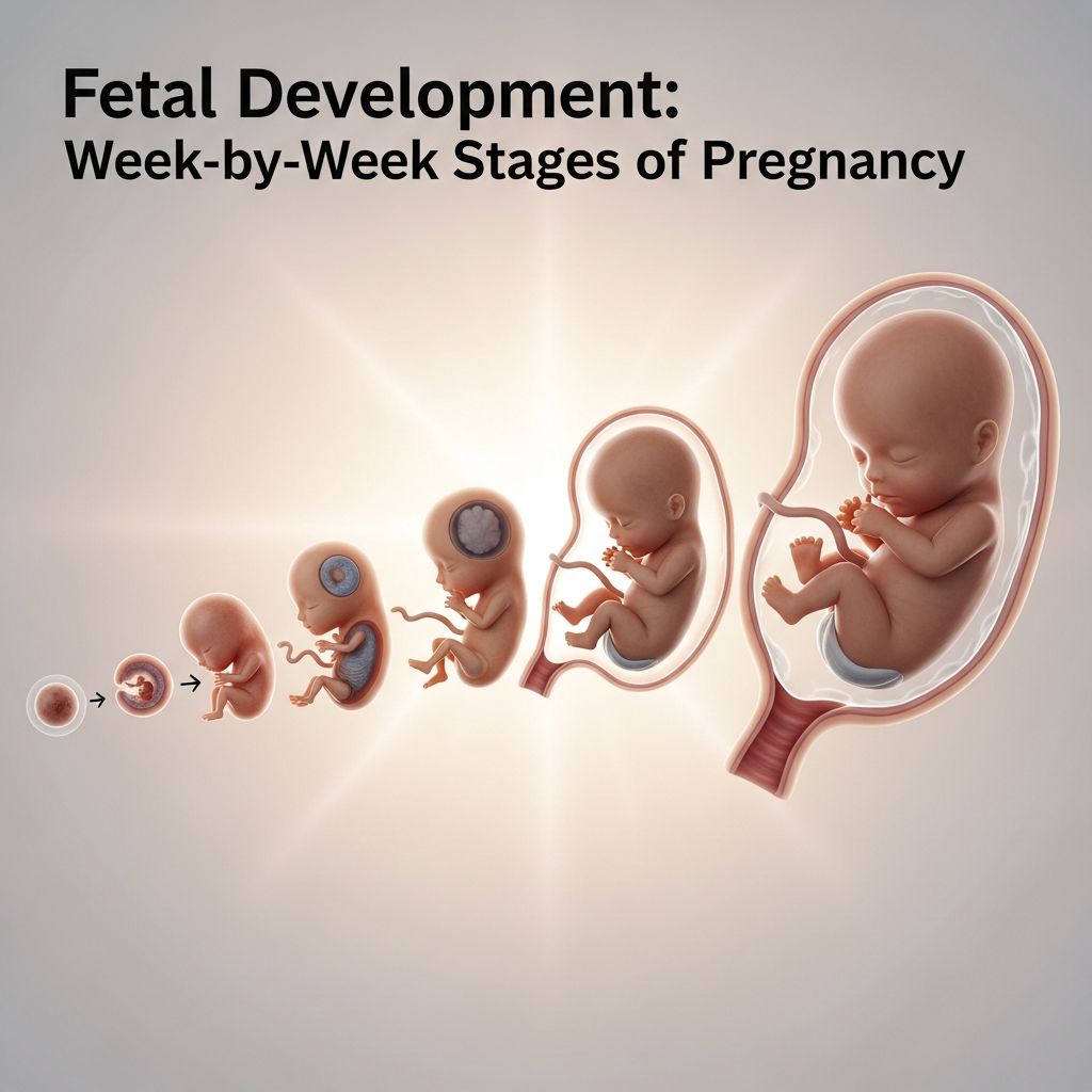 Understand the three stages of fetal development from conception through birth and pregnancy milestones.
