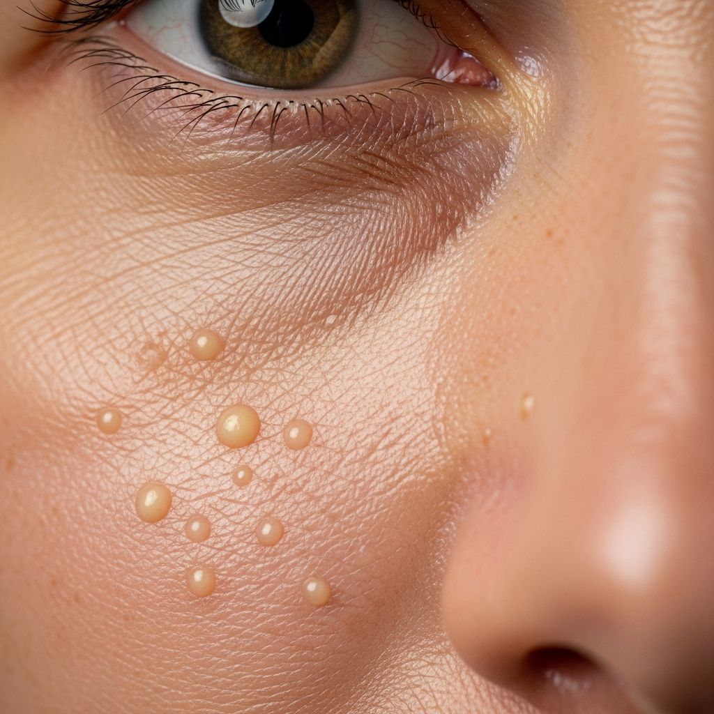 Understanding milia: Small white bumps that are harmless and often self-resolving skin cysts.