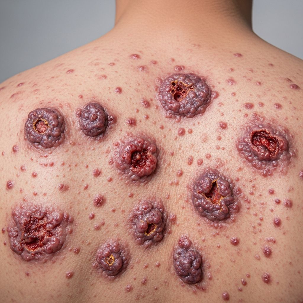 Rare, severe form of acne with sudden onset, systemic symptoms, and high fever requiring urgent medical intervention.