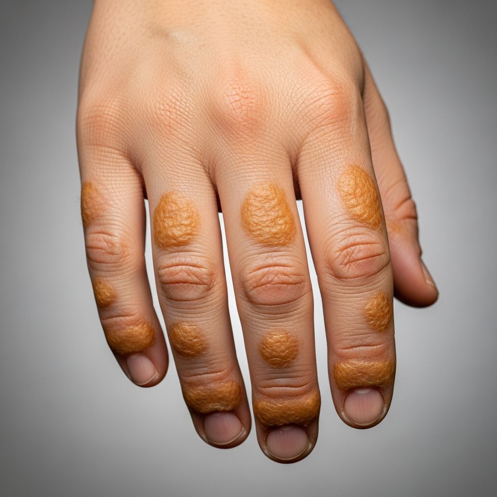 Rare paraneoplastic skin disorder linked to internal malignancies, featuring acral psoriasiform lesions on ears, nose, hands, and feet.