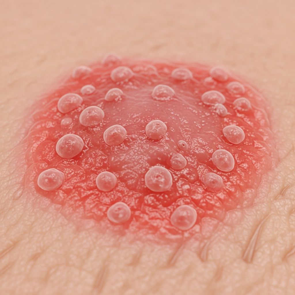 Rare drug-induced skin reaction with localised pustules on face, neck, or chest, resolving quickly after medication withdrawal.
