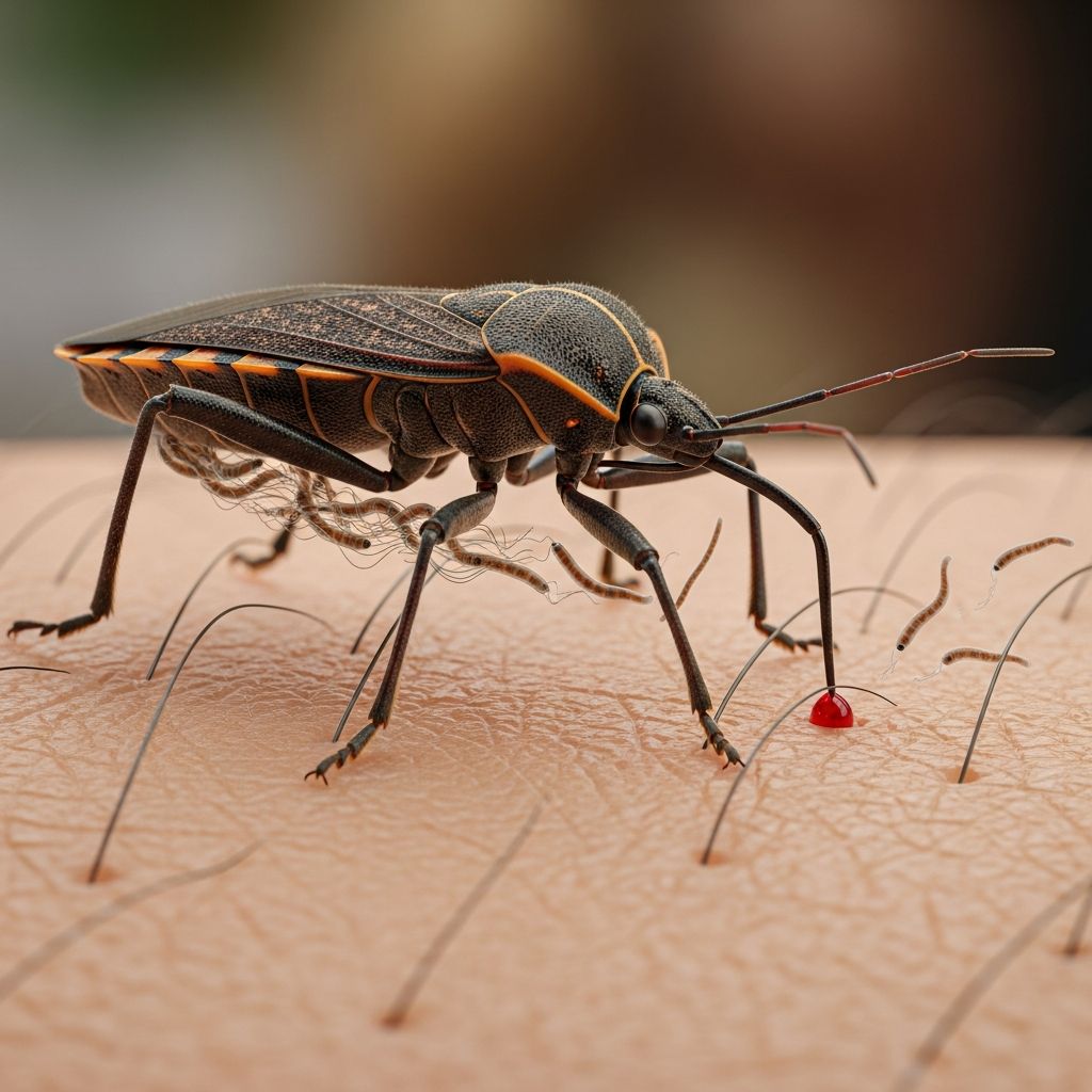 Chagas disease: a parasitic infection caused by Trypanosoma cruzi, transmitted mainly by triatomine bugs, with acute skin signs and chronic organ damage.
