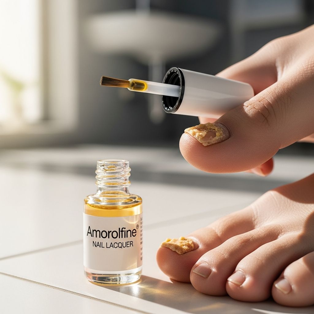 Effective weekly nail lacquer treatment for fungal infections in fingernails and toenails, with 6-12 months for full results.