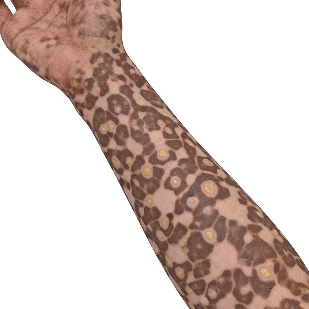 Rare primary cutaneous amyloidosis with mottled hyper- and hypopigmentation starting in childhood, confirmed by skin biopsy.