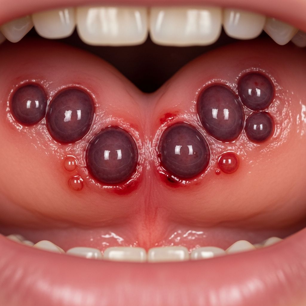 Benign oral blood blisters that rupture spontaneously, often triggered by trauma or hot foods, requiring no specific treatment.