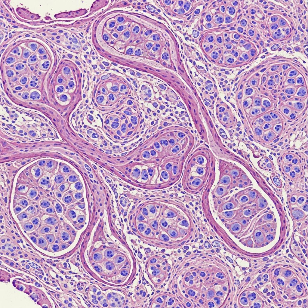 Detailed histological analysis of angioleiomyoma, a rare benign smooth muscle tumour from vascular walls.