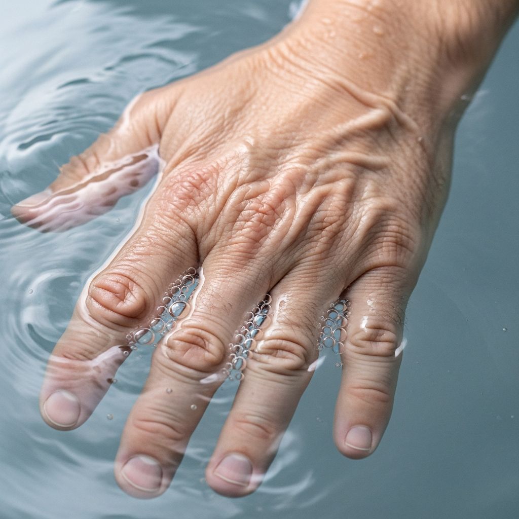 Rare skin condition causing rapid palm wrinkling after water exposure, often linked to cystic fibrosis.