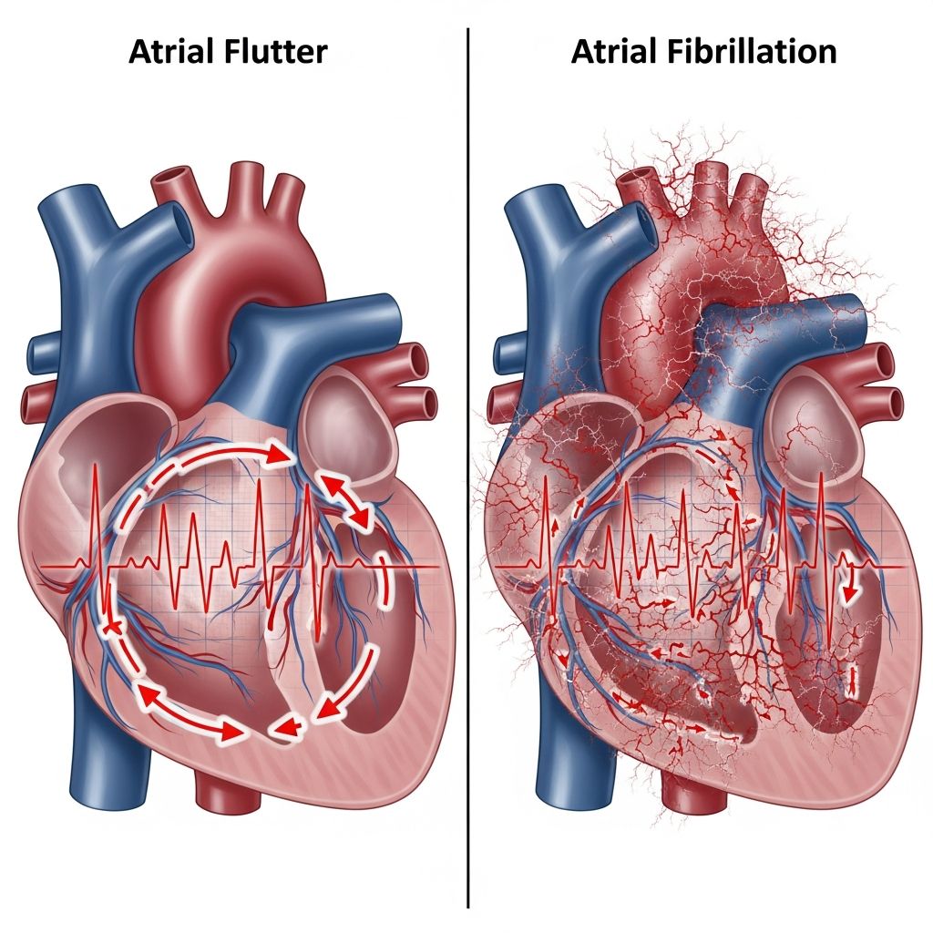 Understand the key differences between atrial flutter and atrial fibrillation, including symptoms, causes, diagnosis, and treatments for these common heart arrhythmias.