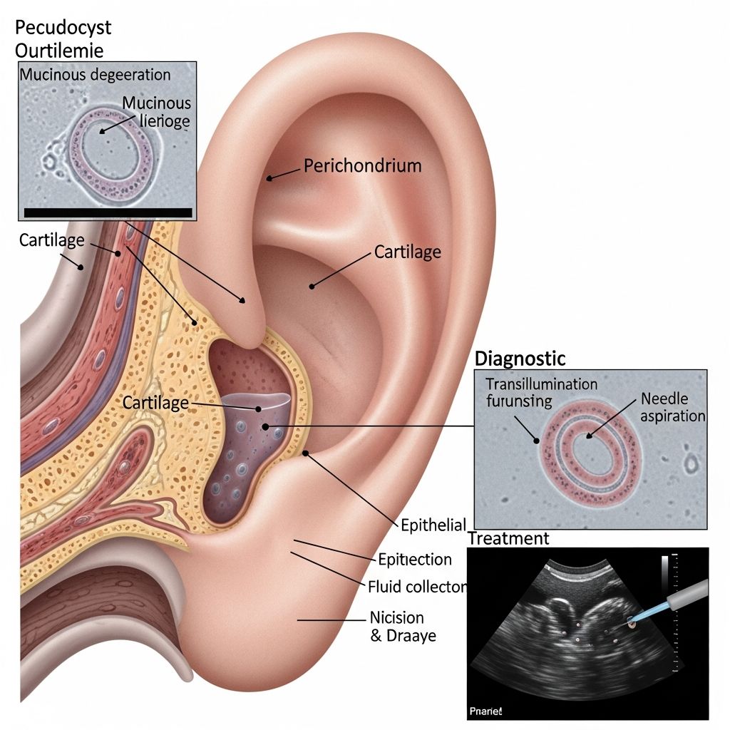 Comprehensive guide to auricular pseudocyst pathology, clinical features, and evidence-based treatment approaches.