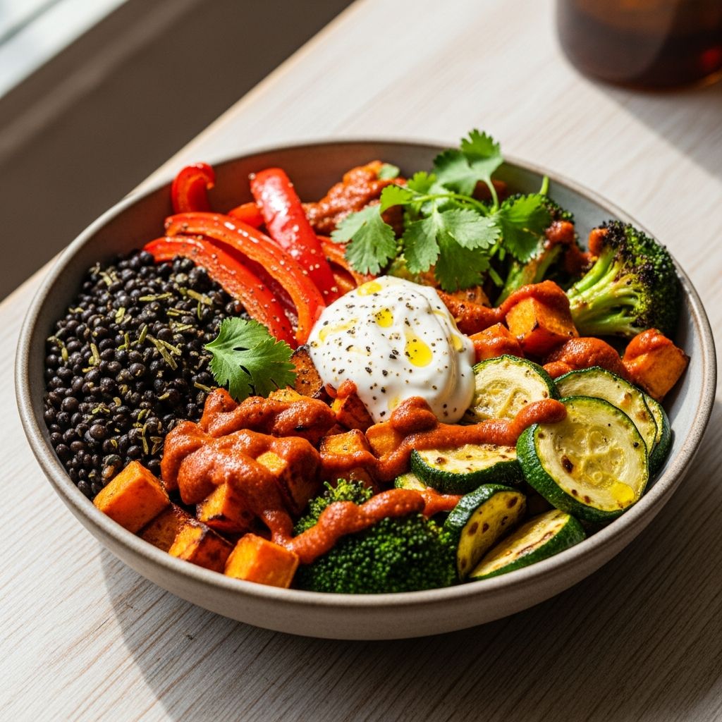 A vibrant, protein-packed bowl with black beluga lentils and harissa-roasted veggies, perfect for stable blood sugar and delicious meals.