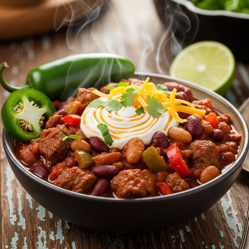 Celebrity chef Bobby Flay's hearty vegetarian chili packs 21g protein per serving with beans, walnuts and bold flavors for game day.