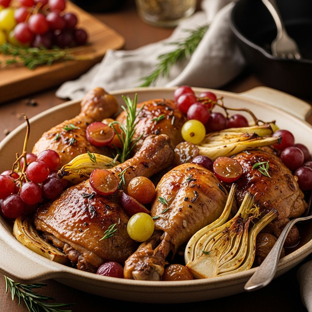 A diabetic-friendly dish blending savory chicken, sweet grapes, and aromatic fennel for a healthy, flavorful family dinner.