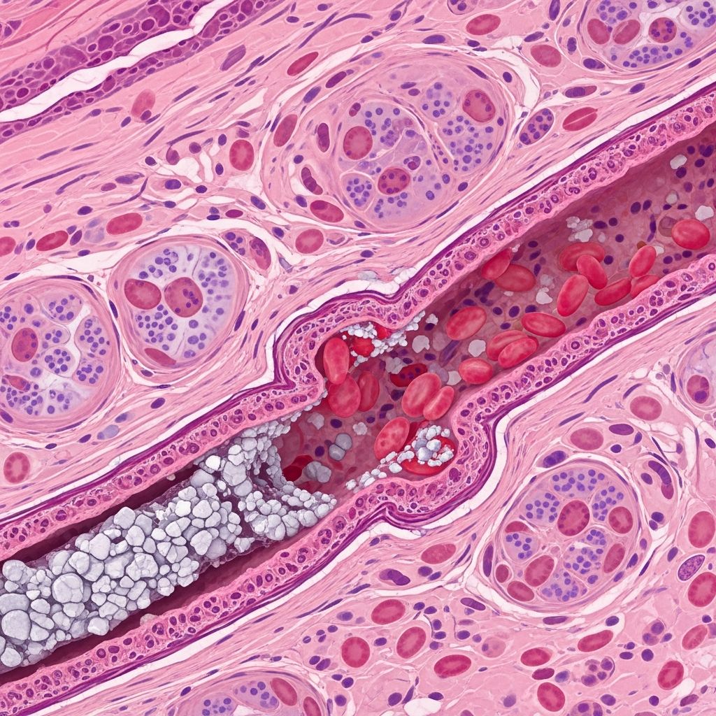 Detailed pathology of calciphylaxis: vascular calcification, thrombosis, and tissue necrosis in end-stage kidney disease patients.