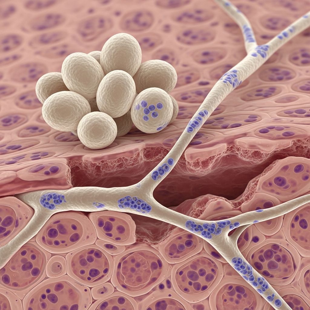 Detailed histopathological analysis of candidiasis, from epidermal changes to diagnostic stains and key differentials.
