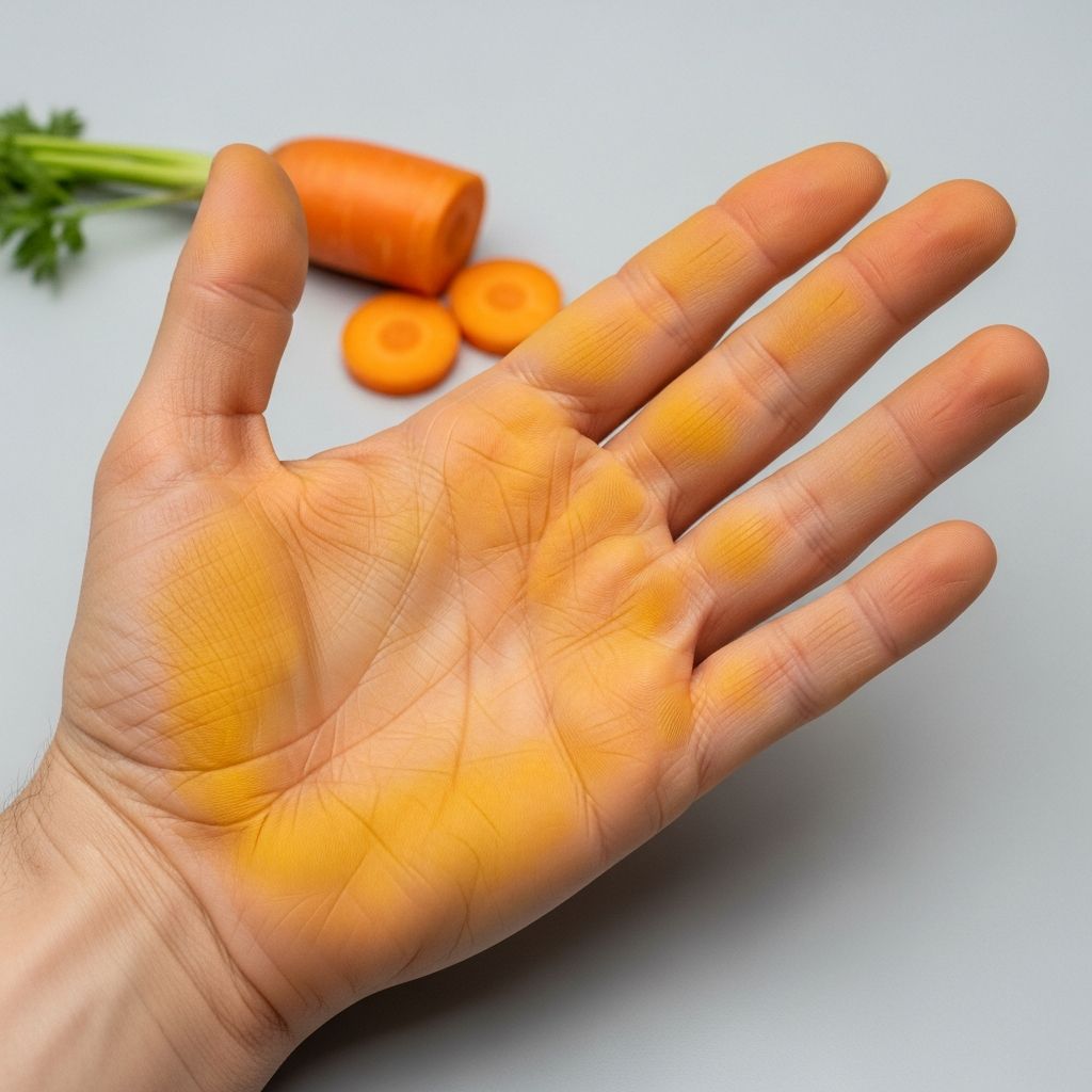 Understanding the benign yellow-orange skin discoloration from excess beta-carotene intake and its management.