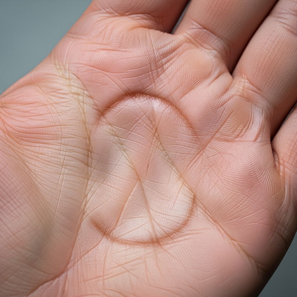 Rare benign skin condition on palms: erythematous depressed patches with unique stair-like epidermal thinning.
