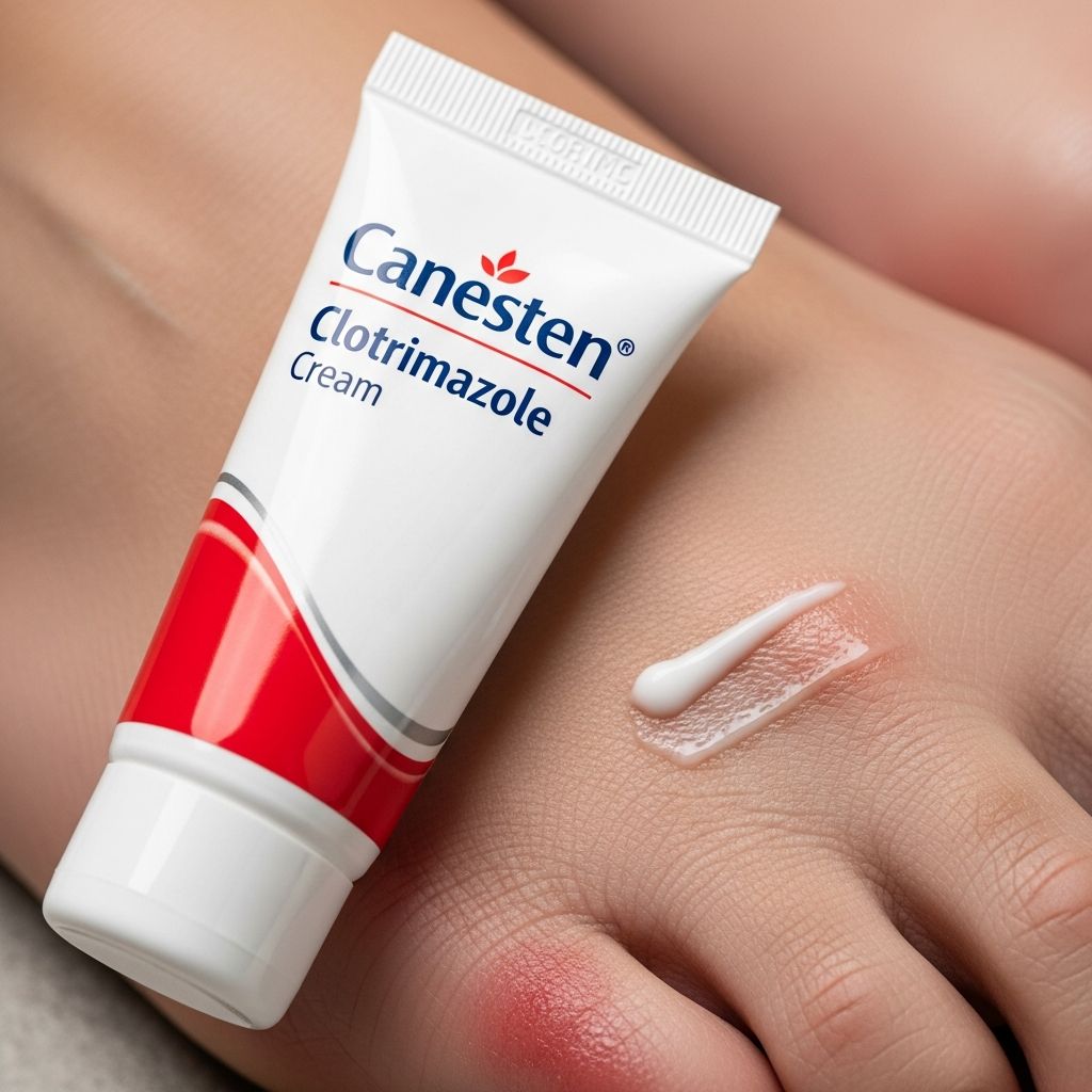 Effective treatment for athlete's foot, jock itch, ringworm, and other common fungal skin infections using clotrimazole cream like Canesten.