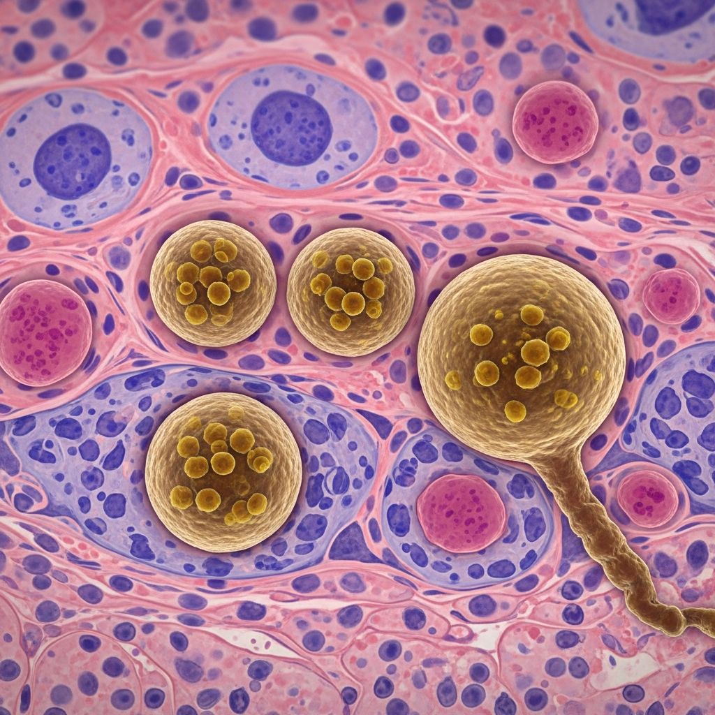 Detailed histopathology and clinical insights into coccidioidomycosis, the Valley fever fungal infection.