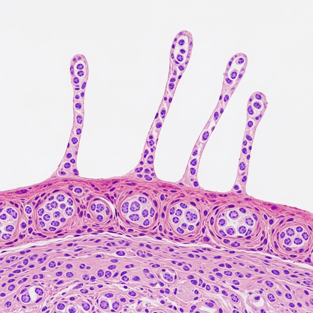 Detailed histopathological analysis of condyloma acuminatum, genital warts caused by HPV types 6 and 11.