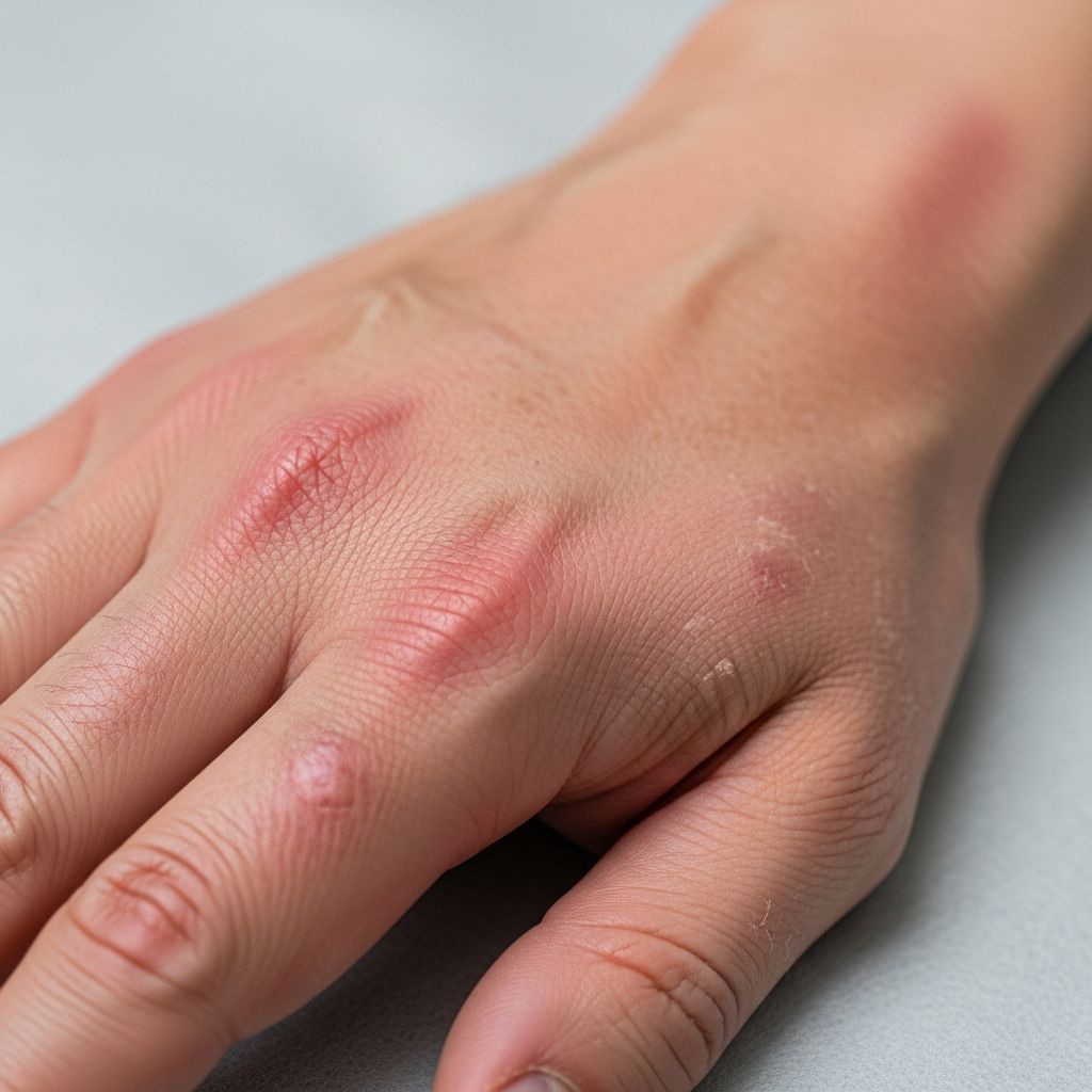 Explore detailed images and clinical insights into contact allergic dermatitis affecting the hands, including causes, symptoms, and management strategies.