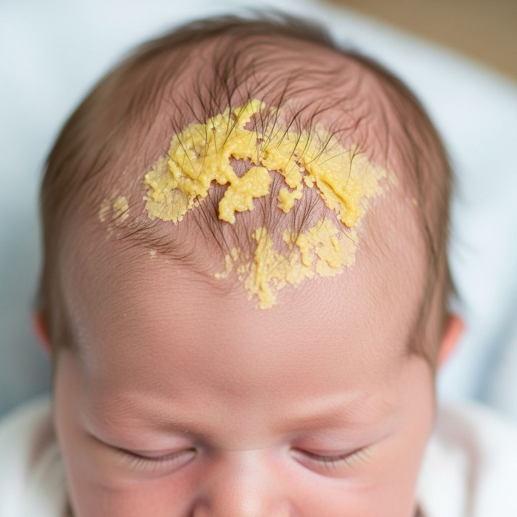 Common infant scalp condition with greasy yellow scales; harmless, self-resolving, and easily managed at home.