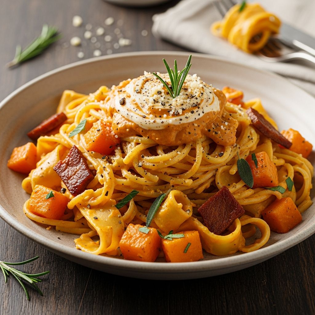 Creamy Vegan Butternut Squash Carbonara: 45-Minute Recipe Indulge in a dairy-free twist on classic carbonara using roasted butternut squash for a velvety sauce that's perfect for cozy fall dinners.