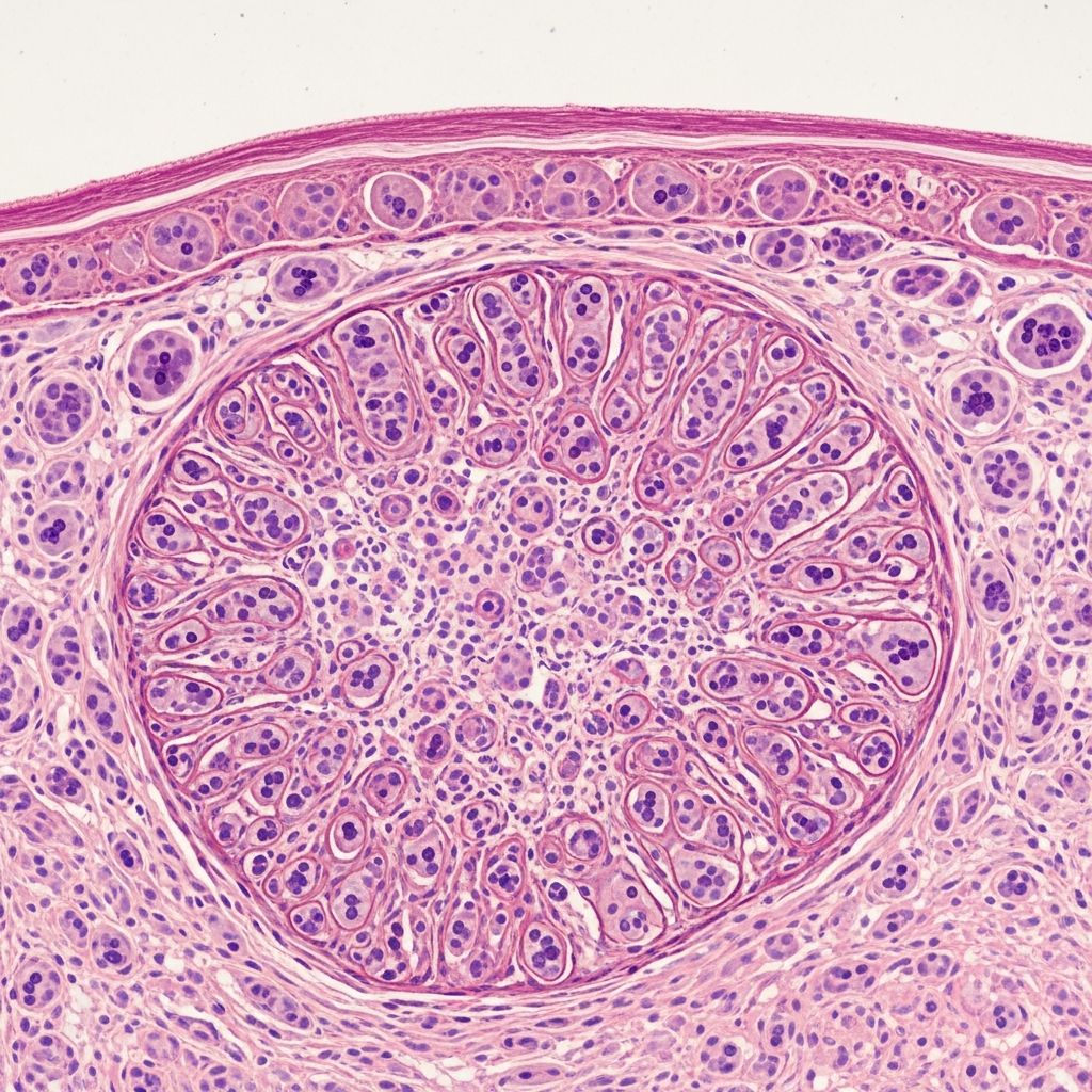 Comprehensive pathology guide to cutaneous lymphadenoma, a rare benign adnexal tumor with distinctive lymphoepithelial features.