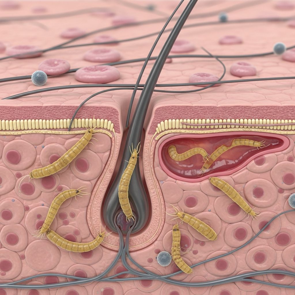 Comprehensive guide to demodicosis pathology, Demodex mite mechanisms, and clinical manifestations in skin disease.