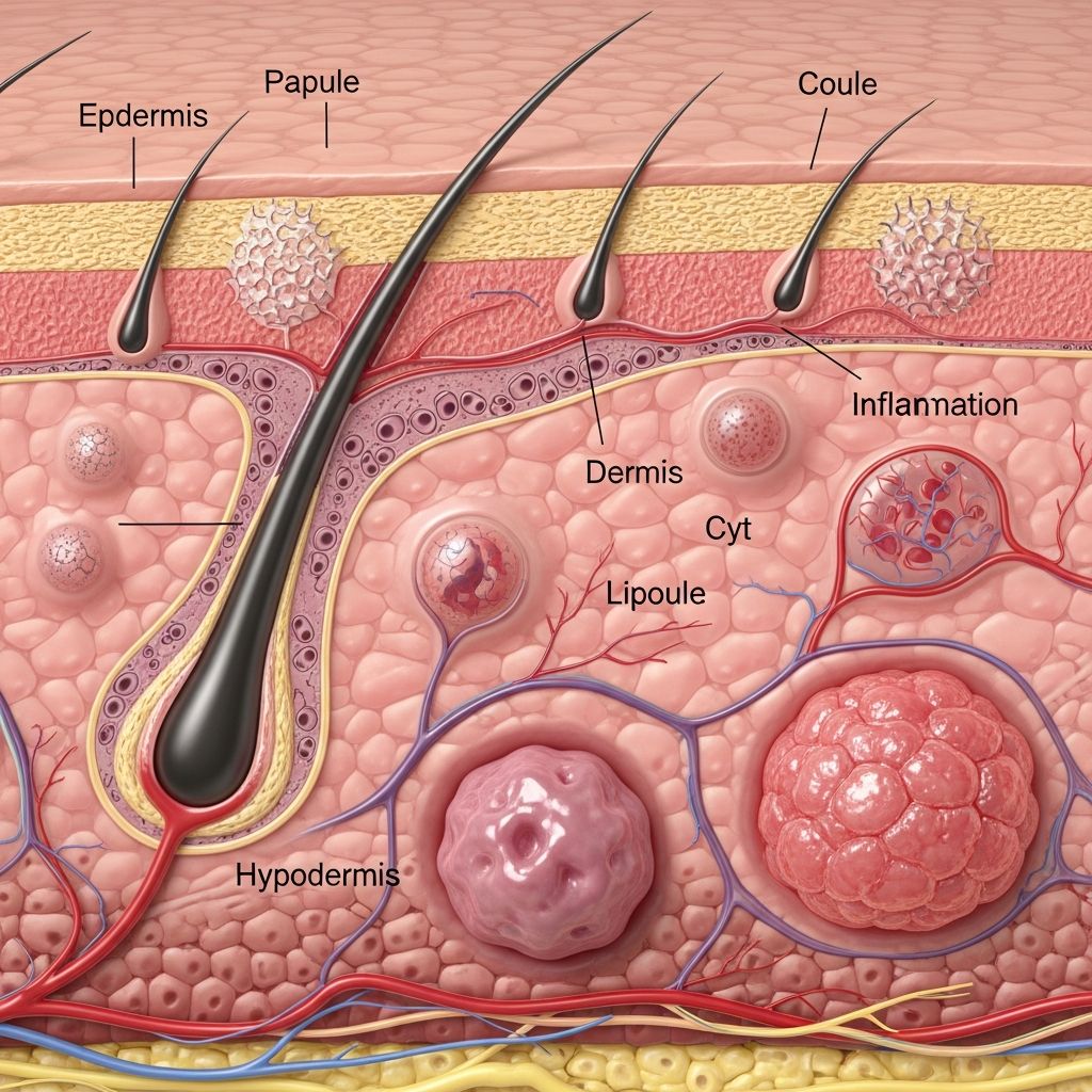 Comprehensive guide to identifying and understanding common dermal and subcutaneous skin lesions in clinical practice.