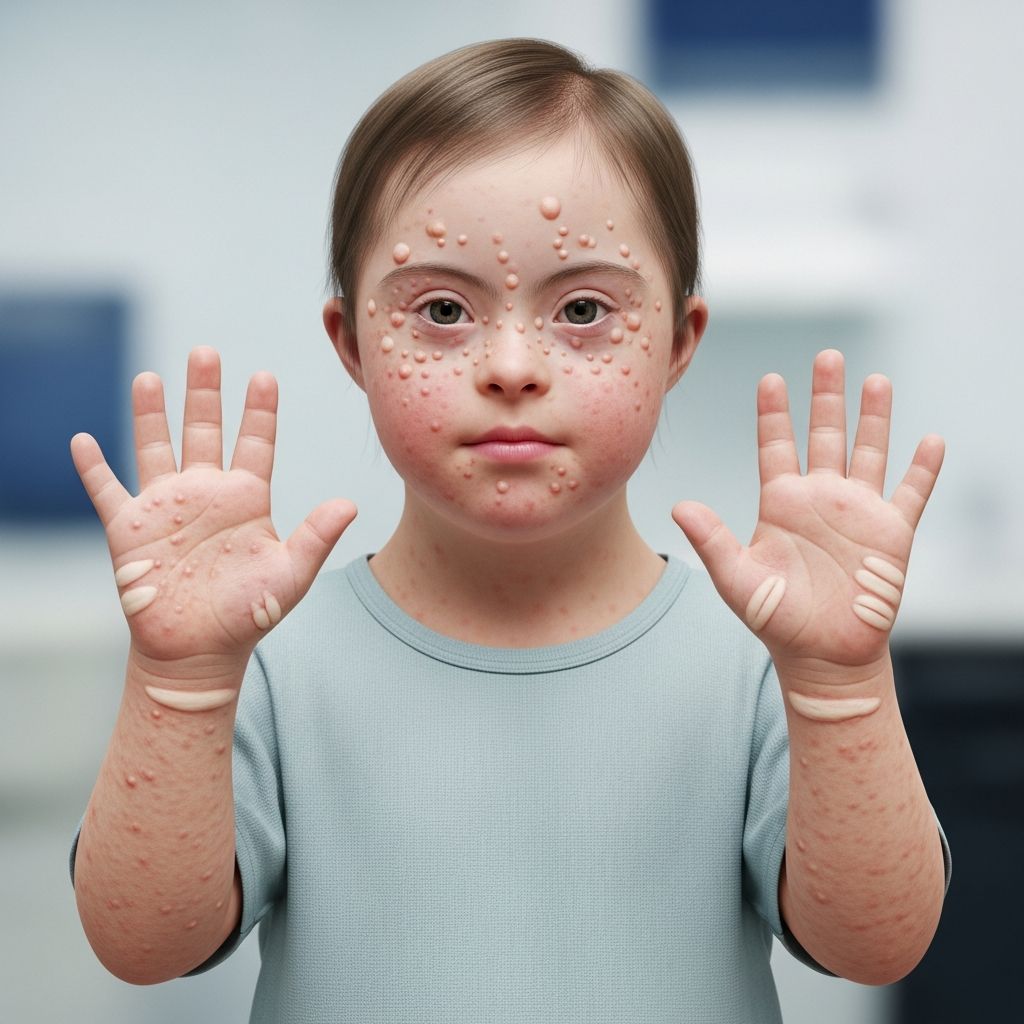 Exploring skin conditions common in Down syndrome, from infancy transient changes to chronic disorders in adults.