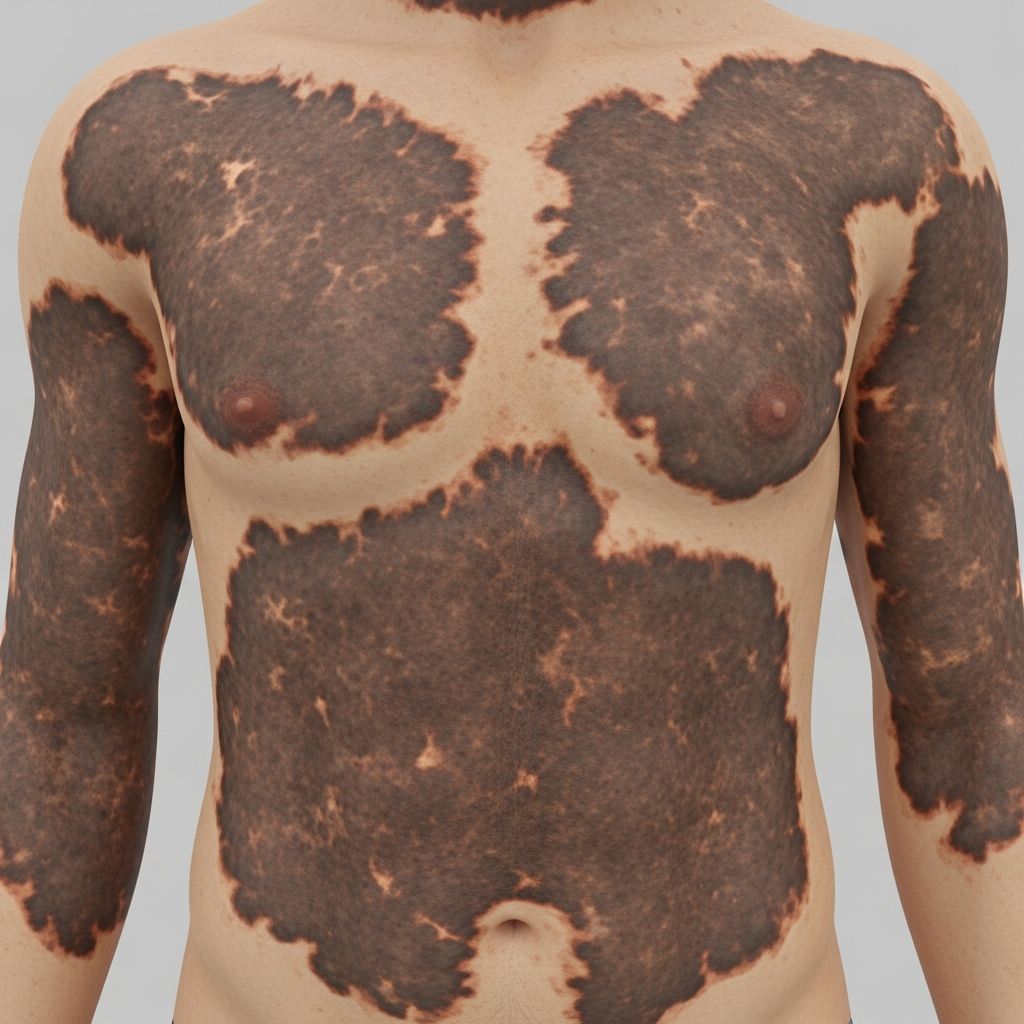 Rare metastatic melanoma complication causing progressive blue-grey skin pigmentation and poor prognosis.