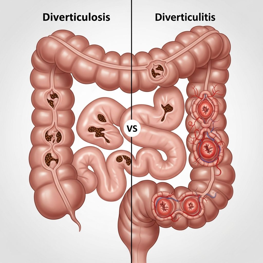 Diverticulosis Vs Diverticulitis: Key Differences To Know Understand the key differences between diverticulosis and diverticulitis, their symptoms, causes, treatments, and prevention strategies for better digestive health.