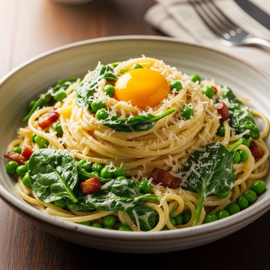 A quick 20-minute vegetarian pasta dish packed with peas, spinach, and creamy egg sauce for a nutritious family favorite.