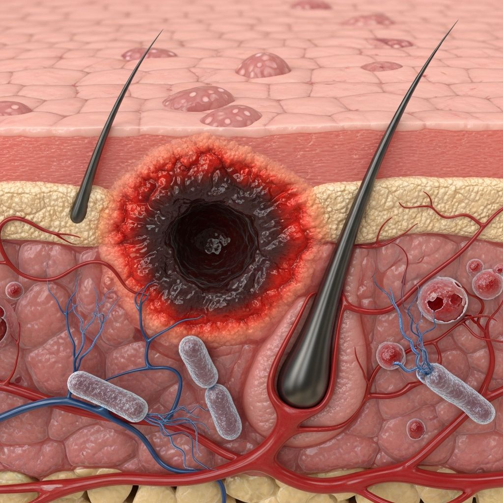 Critical skin infection linked to Pseudomonas in immunocompromised patients, demanding urgent diagnosis and antibiotics.