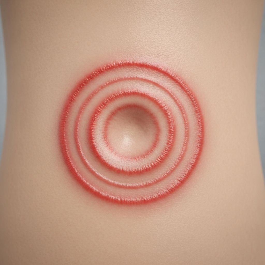 Chronic reactive annular erythema with expanding red rings and trailing scale on skin.