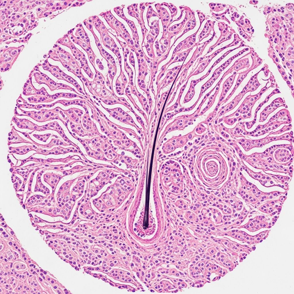 Detailed histopathological analysis of fibrofolliculoma and trichodiscoma, key markers of Birt-Hogg-Dubé syndrome.