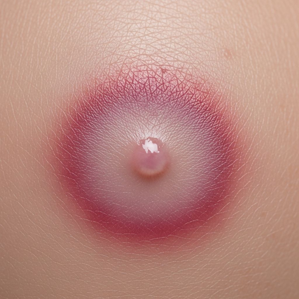 A recurrent skin reaction triggered by medications, appearing as round red patches at fixed sites with each exposure.