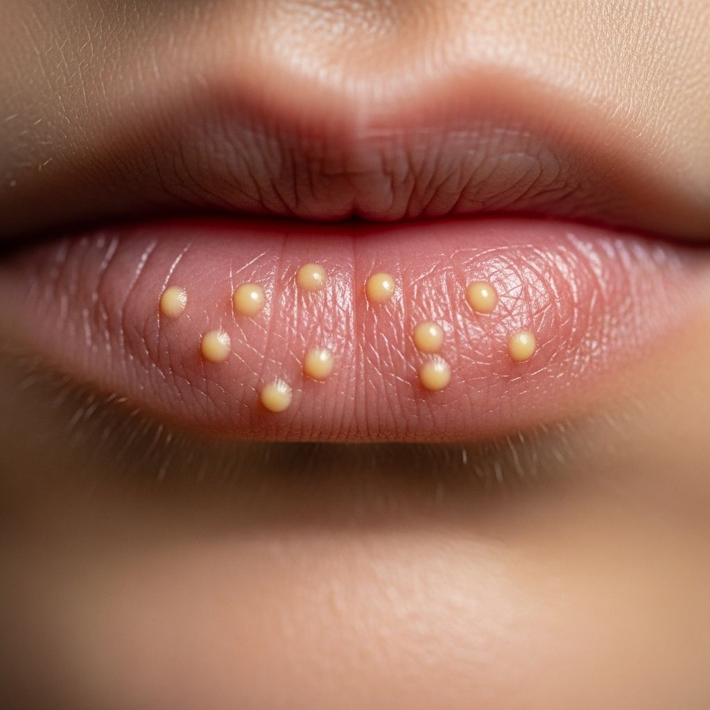 Common, harmless ectopic sebaceous glands on lips, mouth, and genitals – no treatment usually needed.