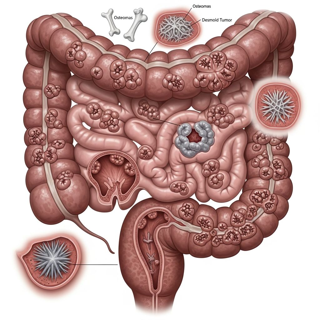 Inherited disorder with colon polyps, osteomas, skin cysts, and high cancer risk—early detection saves lives.