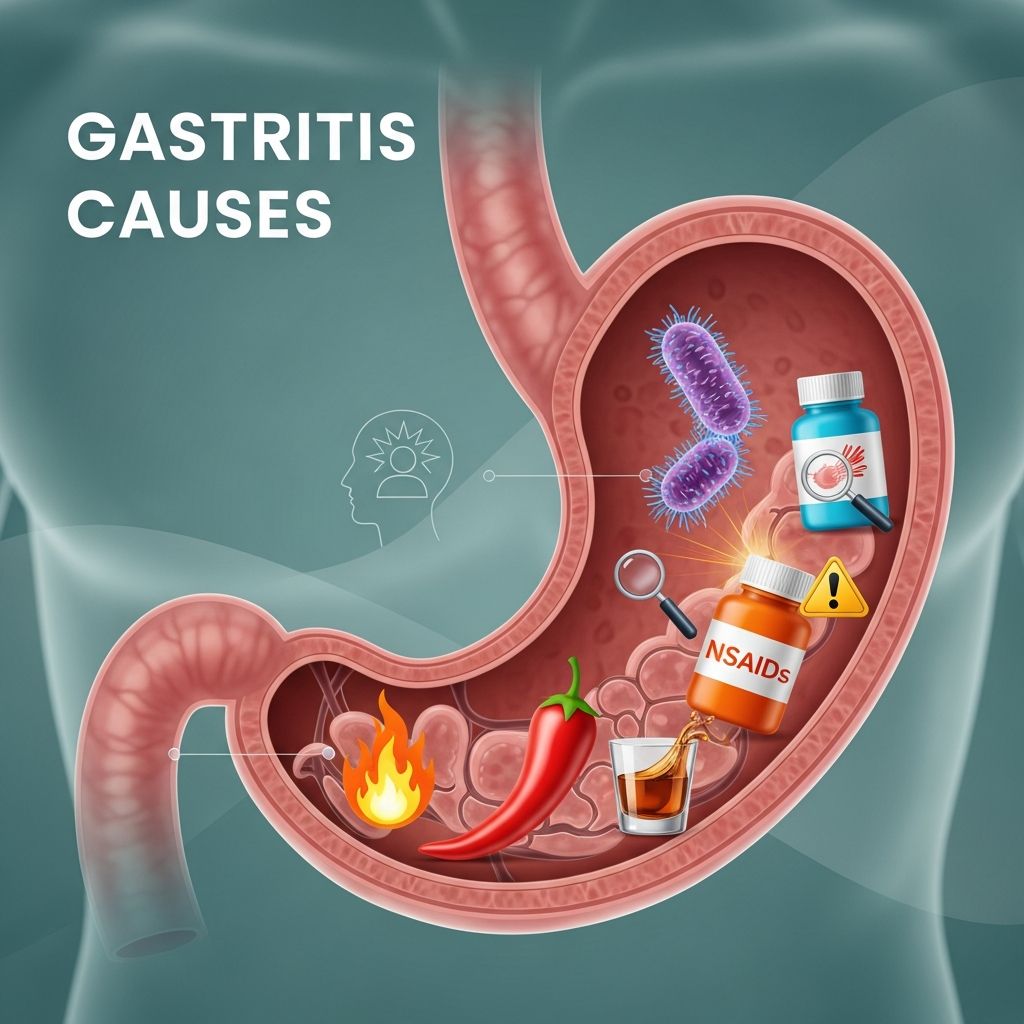 Explore the primary causes of gastritis, from H. pylori infection to NSAIDs, alcohol, and autoimmune factors affecting stomach lining inflammation.