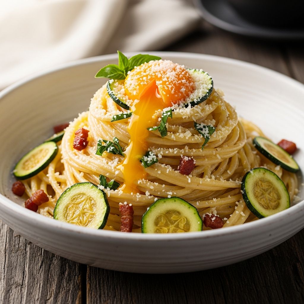 Giada De Laurentiis' lightened-up zucchini carbonara: a creamy, veggie-packed pasta dish that's ready in under 30 minutes for easy weeknight dinners.