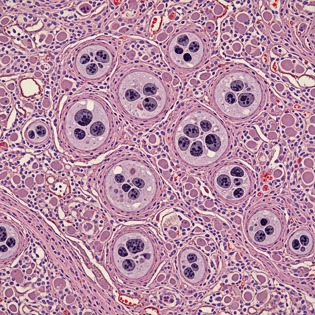 Detailed pathology of giant cell fibroblastoma: rare childhood soft tissue tumor with unique histological features and benign behavior.