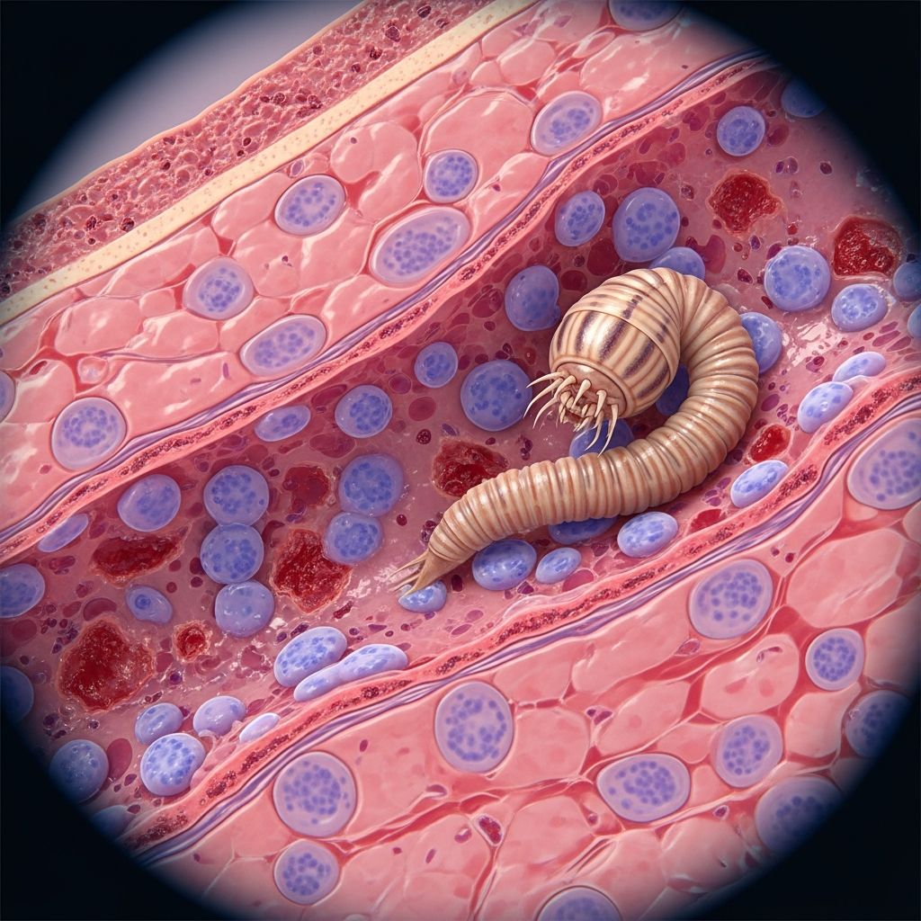 Detailed histopathological examination of gnathostomiasis, revealing larval migration patterns and host tissue responses in skin biopsies.