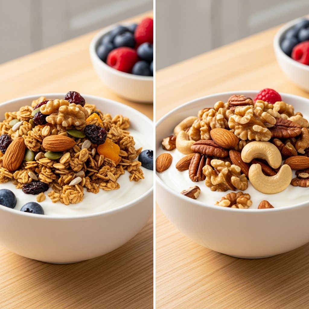 Compare granola and nuts as yogurt toppings to make the healthier choice for your breakfast.