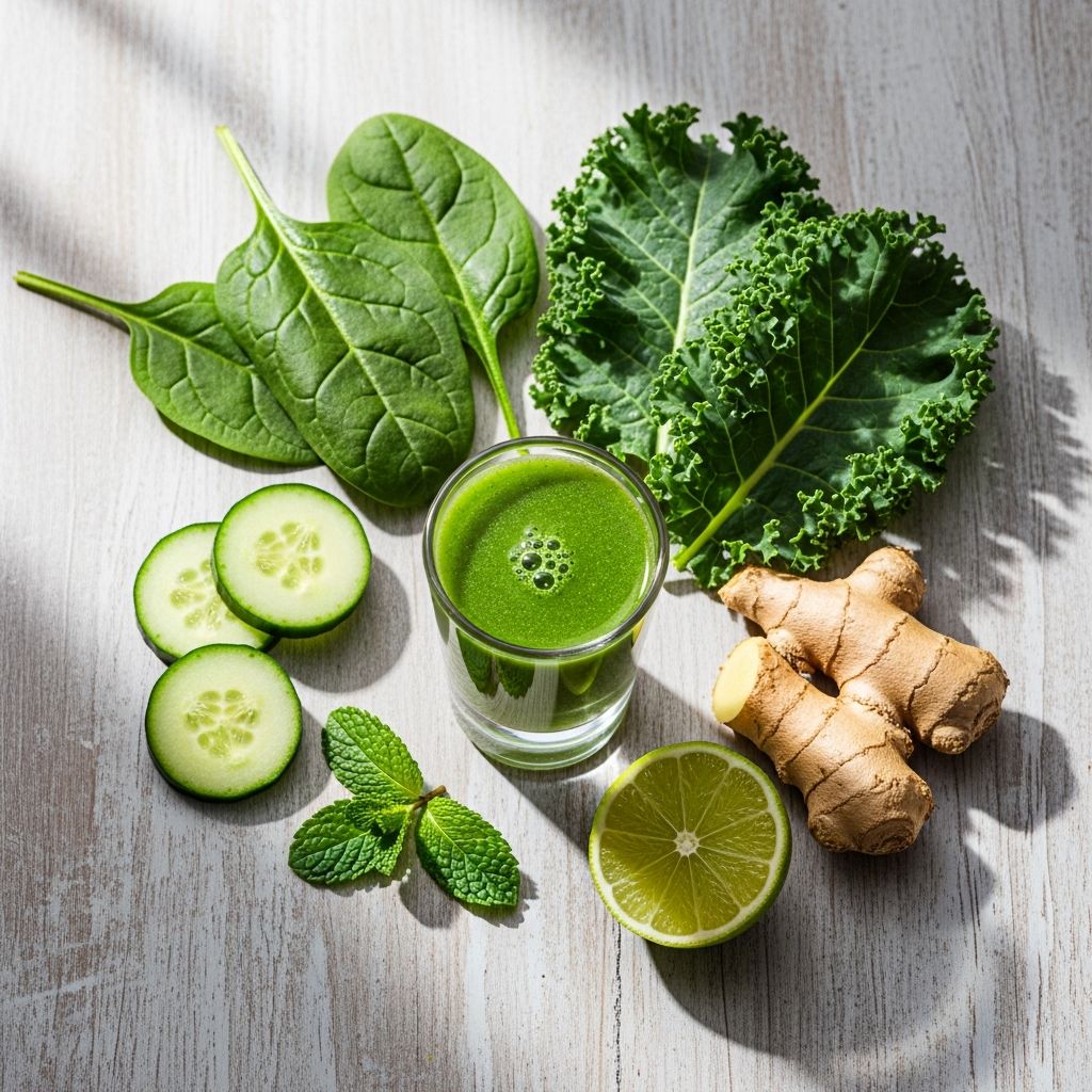 Boost your gut health with this vibrant, nutrient-packed green wellness shot featuring fresh greens, ginger, and lemon for daily digestive support.