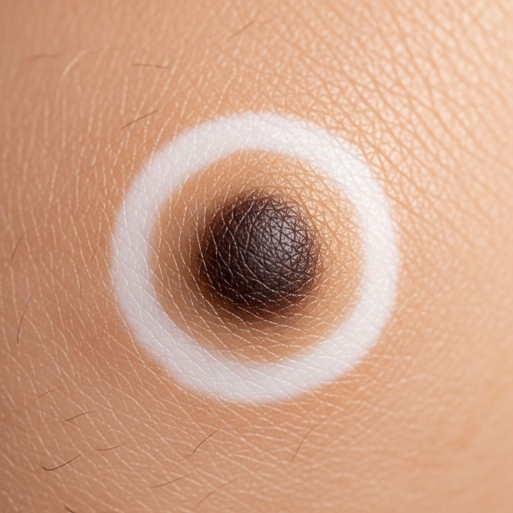 Halo naevus: Benign moles with white halos, common in youth, autoimmune origin, rarely signals malignancy.