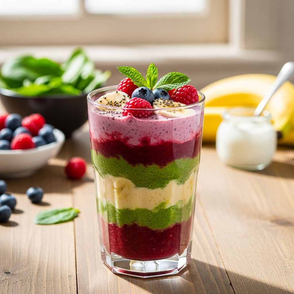 Start your day right with this nutrient-packed smoothie blending banana, berries, yogurt, and greens for sustained energy and health benefits.
