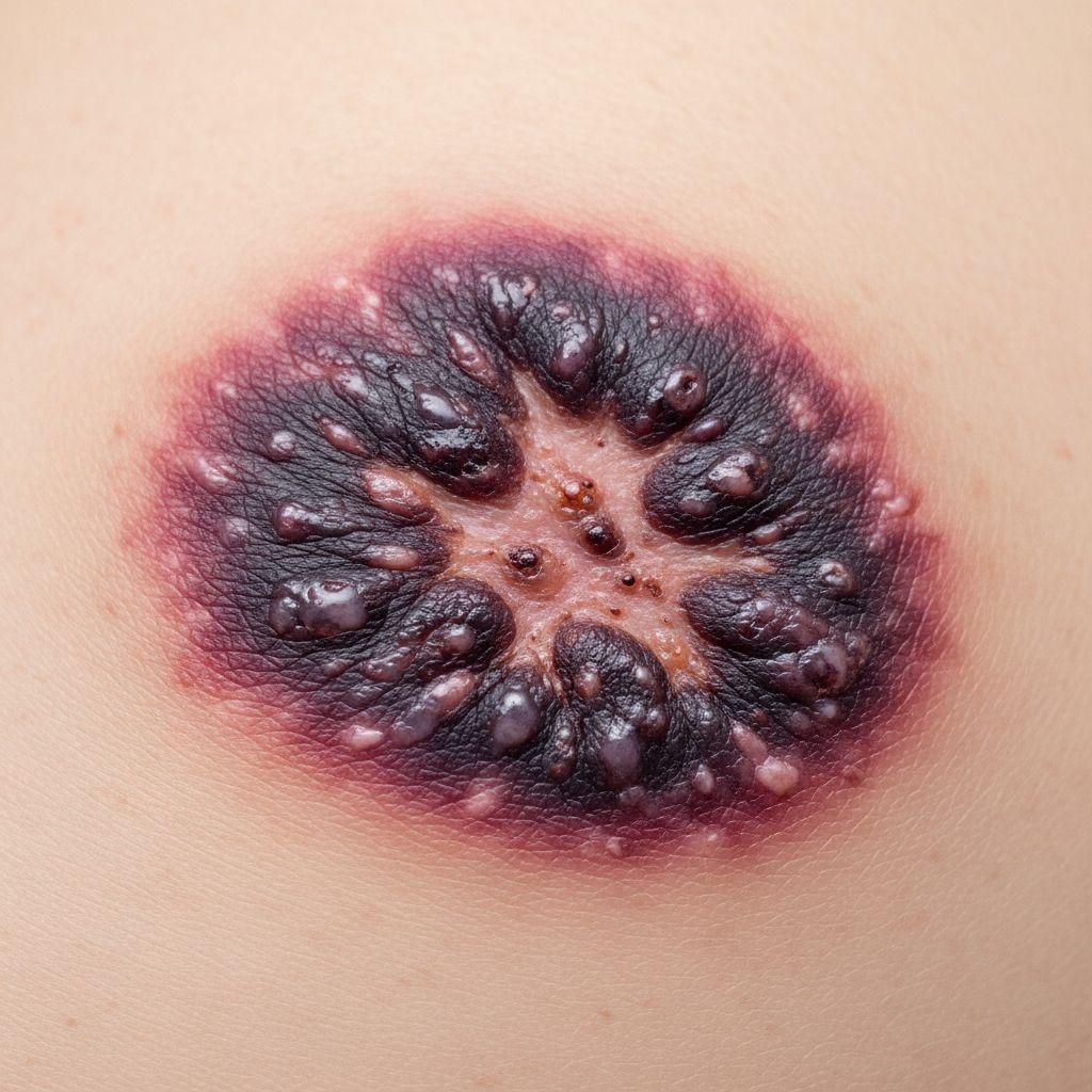 Rare but serious complication of heparin therapy causing painful skin necrosis, often linked to thrombocytopenia.