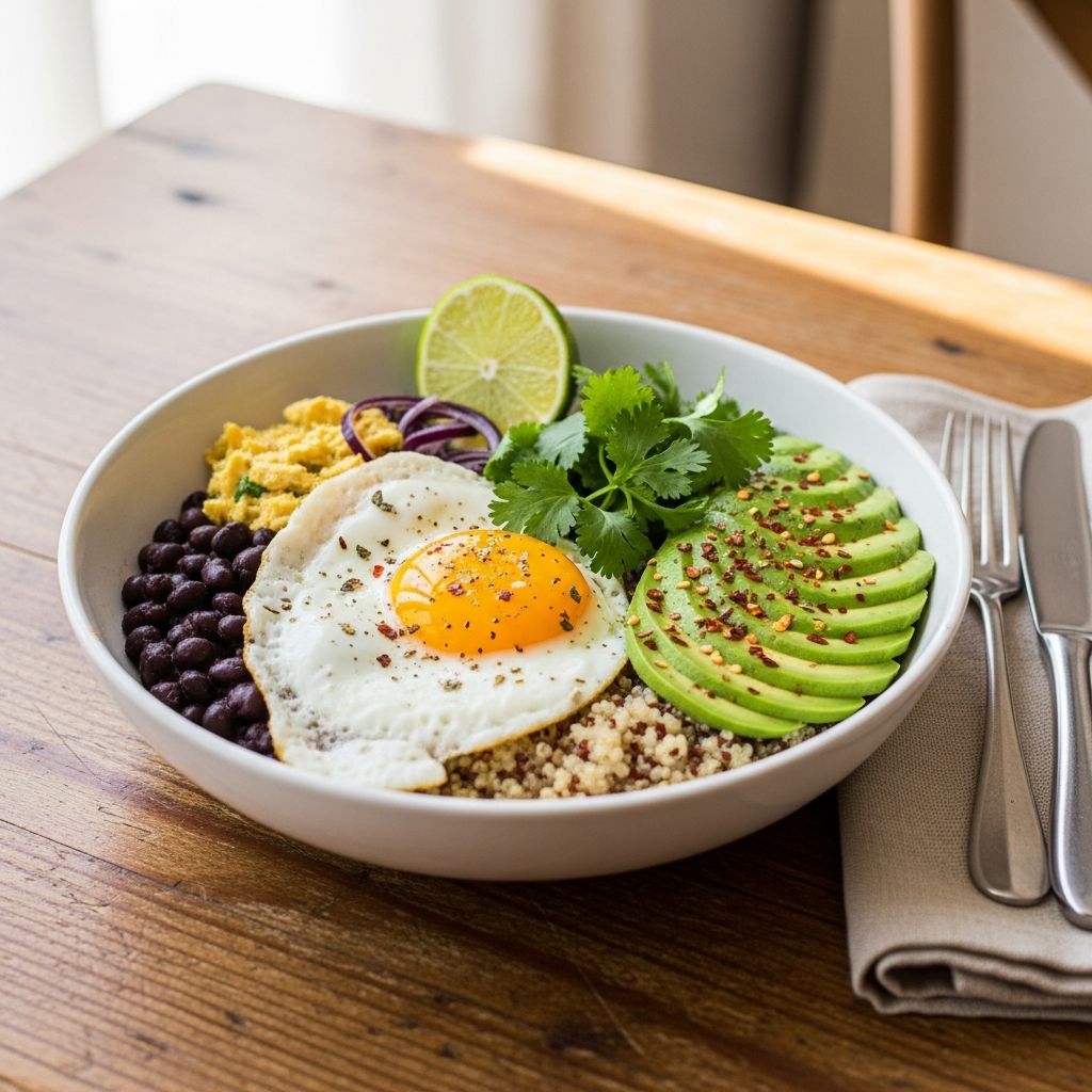Start your day with a nutritious, protein-packed breakfast bowl featuring black beans, fresh vegetables, and Greek yogurt.