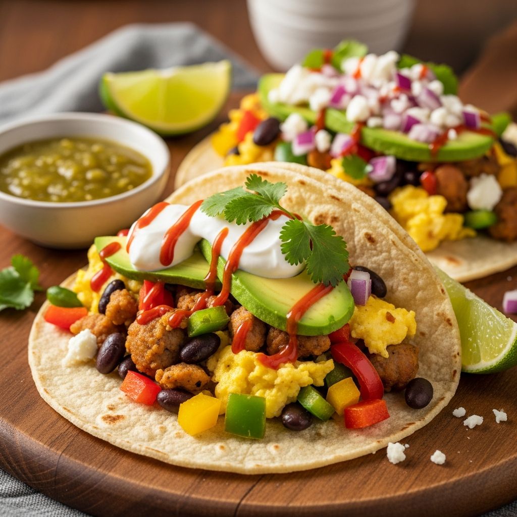 Fuel your day with these nutrient-packed breakfast tacos featuring eggs, black beans, spinach, and melted cheese for 15g protein per serving.